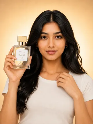 Model holding a perfume bottle