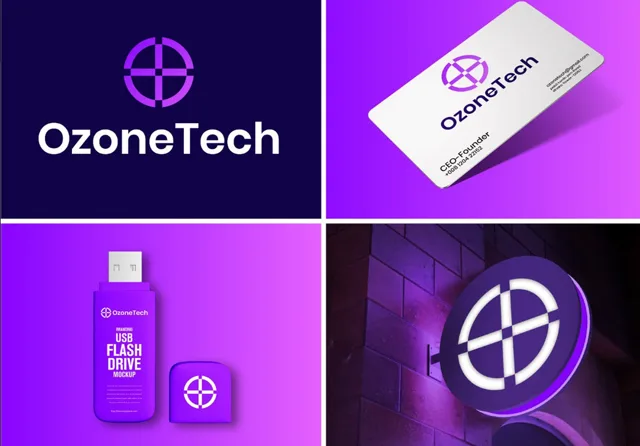 Logo and brand collateral: business card, USB drive and illuminated sign